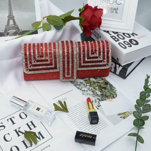 Womens Red Crystal Sparkly Evening Clutch Purse with Rhinestones Wedding - Picture 2 of 6